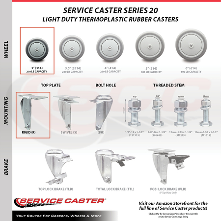 Service Caster 3 Inch Thermoplastic Rubber Swivel Top Plate Caster Set with 2 Brakes 2 Rigid SCC-20S314-TPRB-TLB-2-R-2